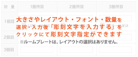 大きさ・レイアウト・書体・数量を選択・入力後「彫刻文字を入力する」をクリックにて彫刻文字指定ができます